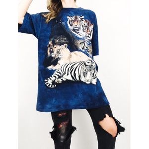 Y2K Marbled Tie-Dye Big Cat Long-Fit Tee | Size XL